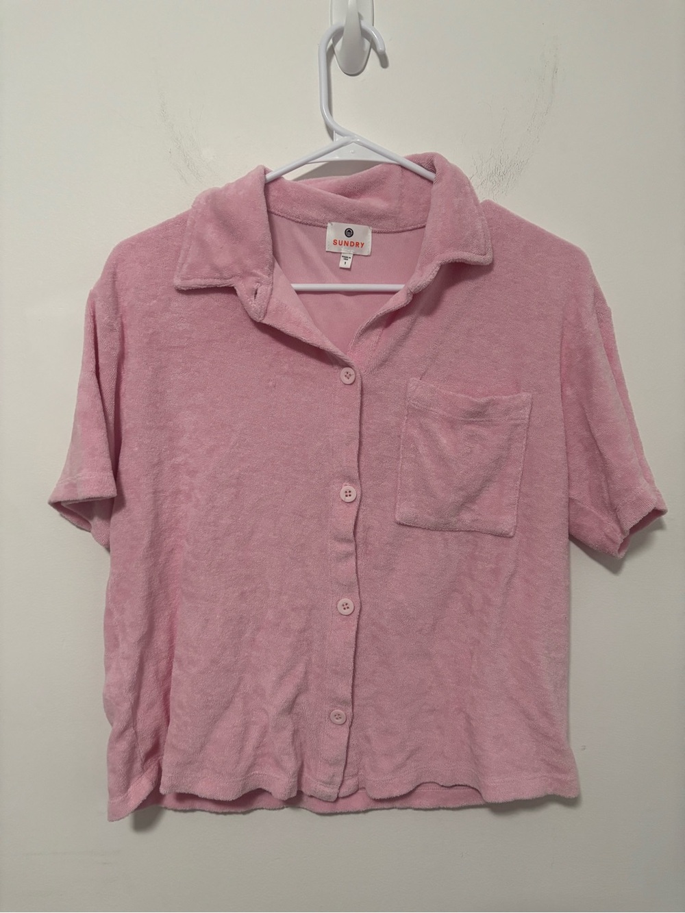 Sundry Pink Short-Sleeve Terry Button-Up Top and short lounge set